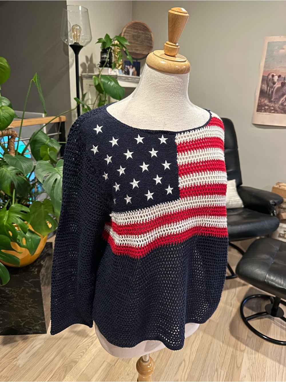 Crochet American Flag Crewneck Sweater - Navy, Red & White
